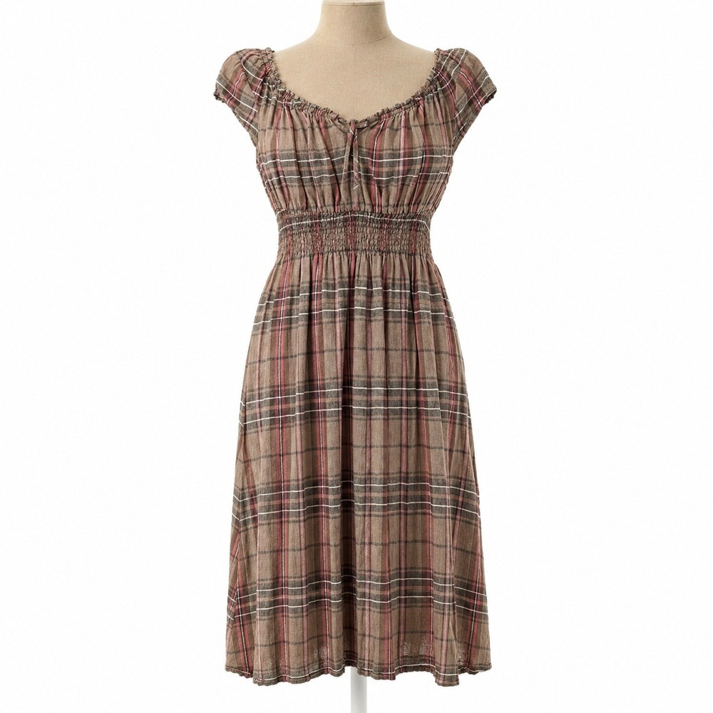 Vintage Y2K Plaid Linen Maxi Dress Size M Brown Academia Ivy Preppy Cottagecore